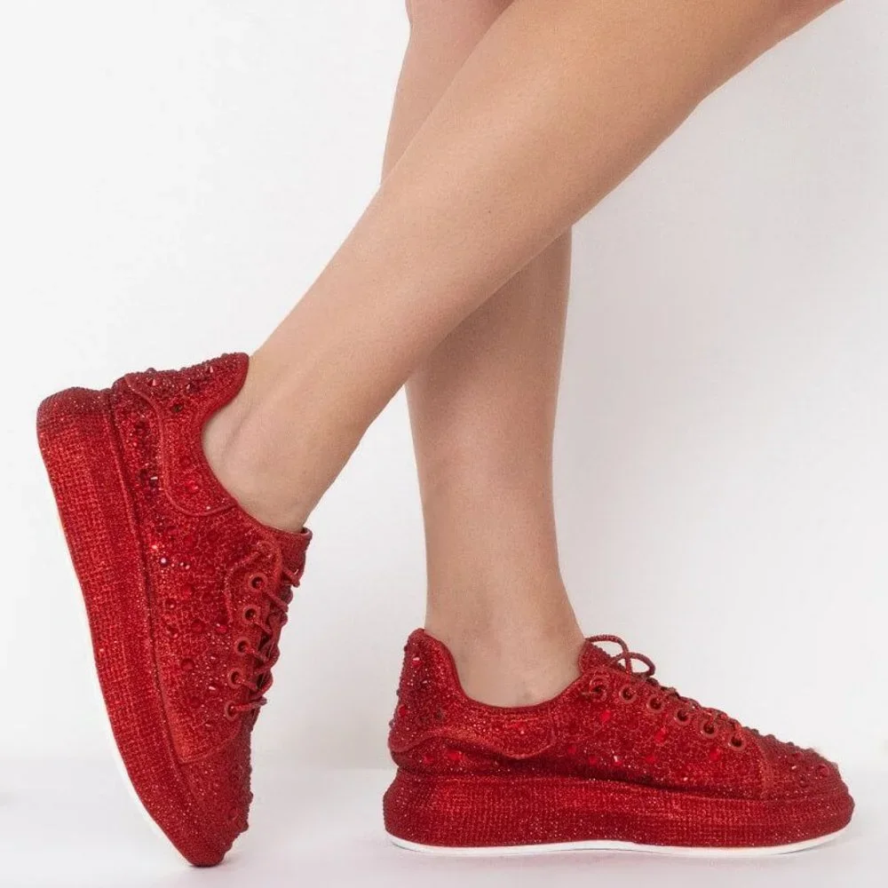 AZALEA WANG BLINGED OUT FLAT SNEAKER IN RED - Picture 6 of 8